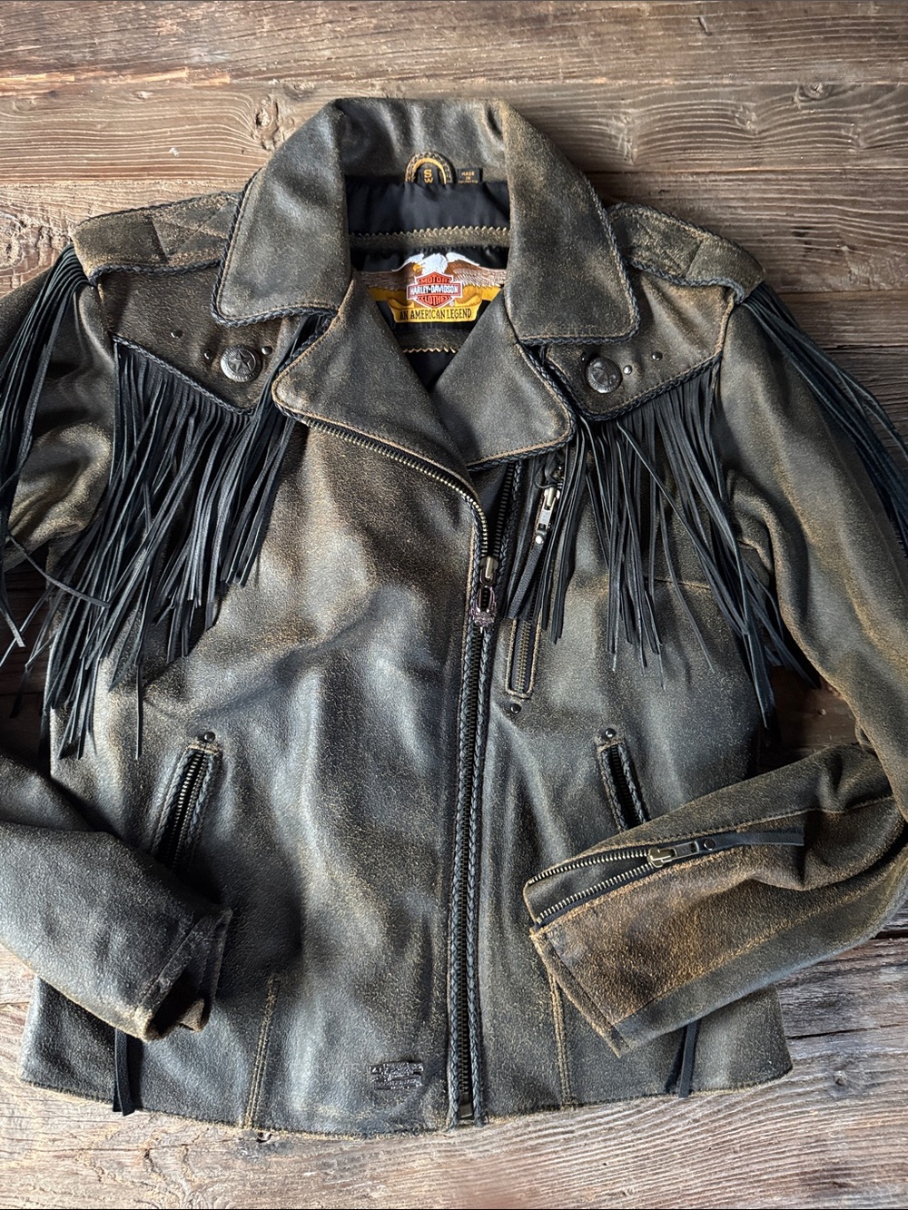 Harley Davidson fringed distressed leather side zip riding jacket EUC small - Picture 10 of 15